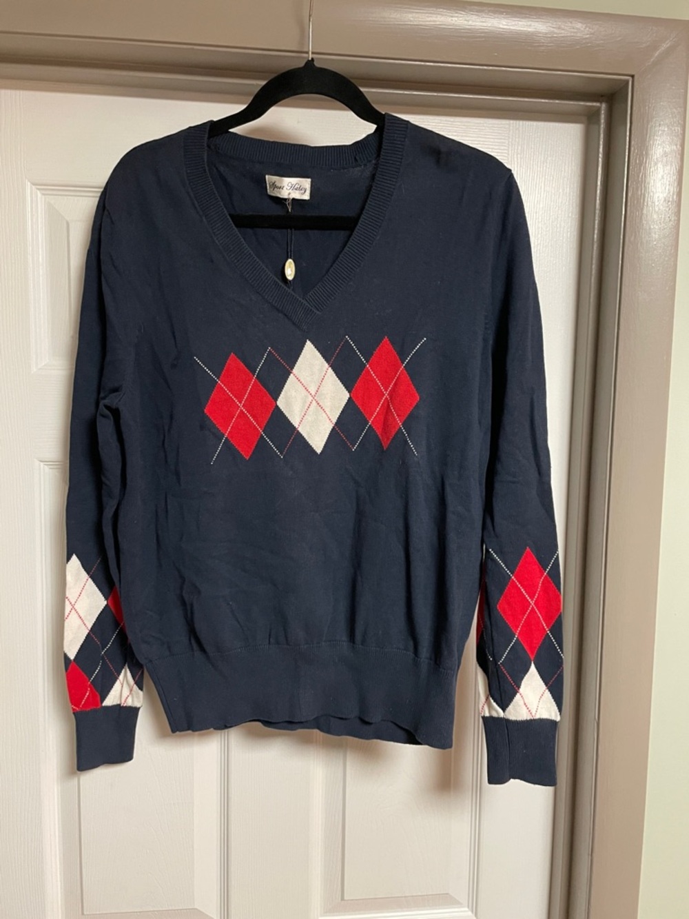 NWT Sport Haley Navy V-Neck Argyle Sweater with Red and White Diamonds